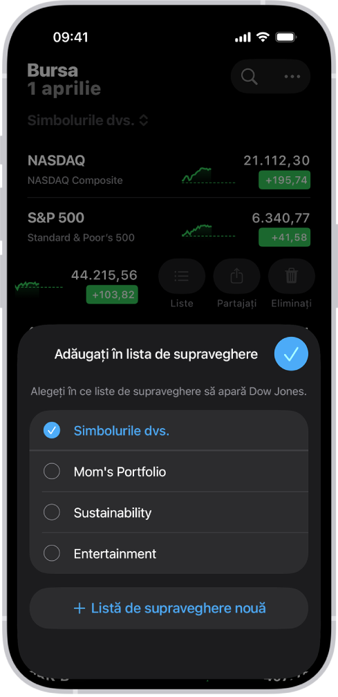 O listă de liste de supraveghere personalizate în aplicația Bursa: Simbolurile dvs., Portofoliul mamei, Sustenabilitate și Divertisment.