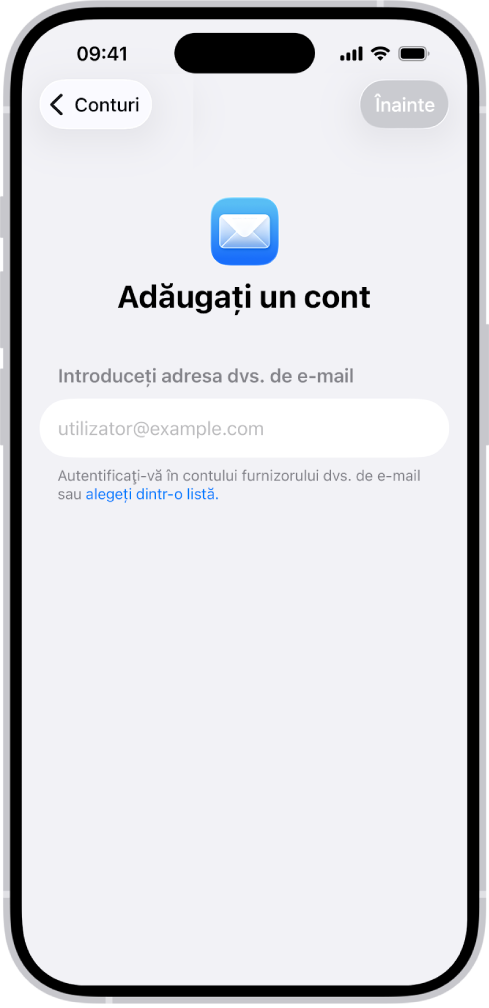 Ecranul „Adăugați un cont” cu un câmp pentru introducerea adresei de e‑mail.