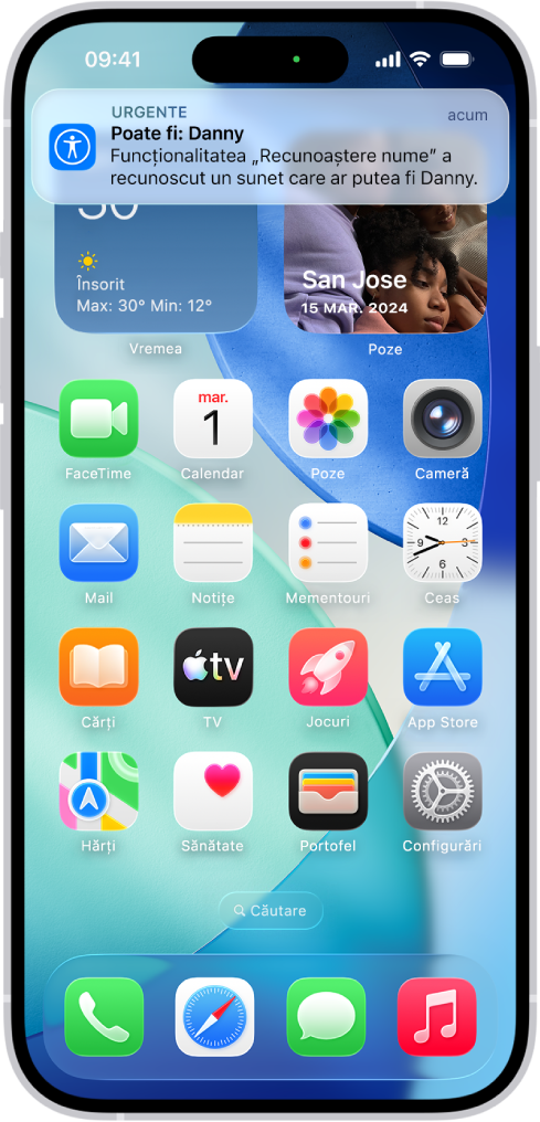 Pe iPhone este afișată o notificare că funcționalitatea „Recunoaștere nume” a recunoscut un sunet care ar putea fi un nume.