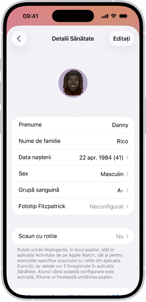 Ecranul Detalii Sănătate, care include câmpuri pentru nume, data nașterii, grupa sanguină și alte informații.