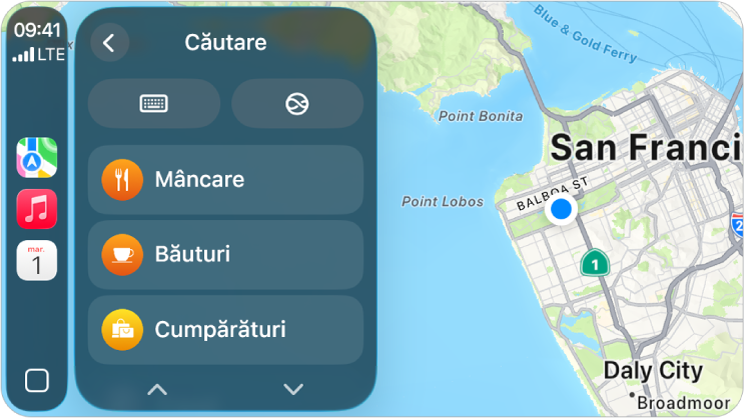 Un ecran CarPlay afișând o hartă a orașului San Francisco. În partea dreaptă se află butoanele de localizare, 3D, de raportare a unui pericol și de zoom. În partea de jos se află butoanele Căutare și Destinație.