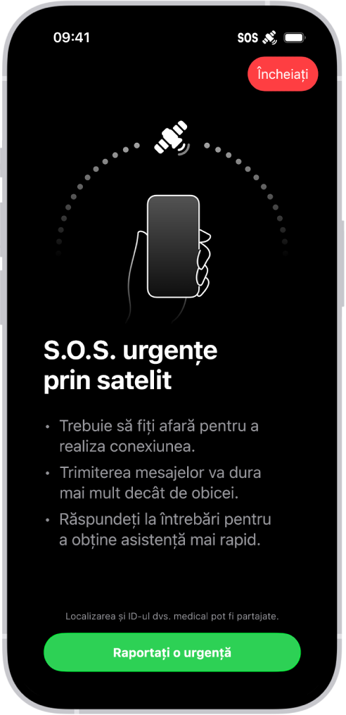 Ecranul S.O.S. urgențe indicând faptul că telefonul este conectat și instruind utilizatorul să mențină orientarea spre satelit. Butonul „Raportați o urgență” este în partea de jos a ecranului.
