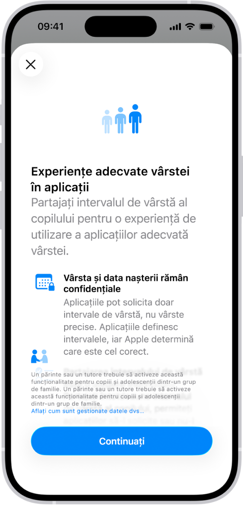 Ecranul de înrolare pentru funcționalitatea Experiențe adecvate vârstei în aplicații.