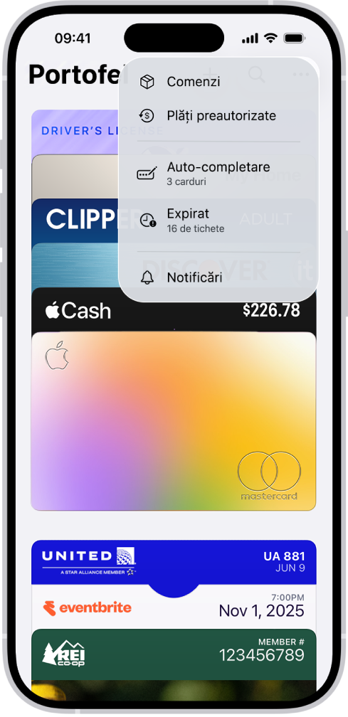 Un card de credit în aplicația Portofel.