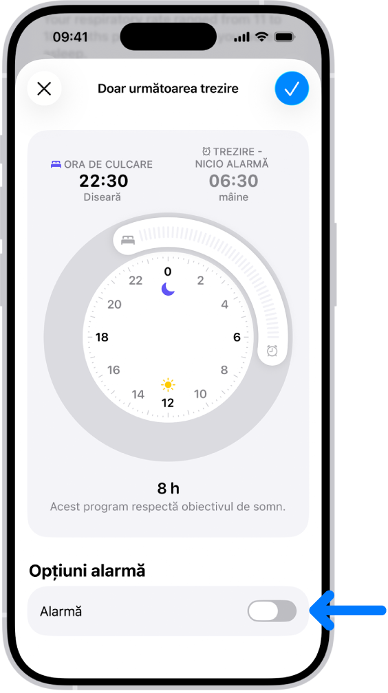 Ecranul Doar următoarea trezire din aplicația Sănătate, cu opțiunea Alarmă dezactivată în partea de jos.