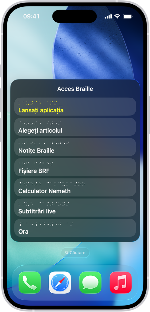 Un iPhone cu meniul „Acces Braille” deschis, afișând următoarele opțiuni: Lansați aplicația, Alegeți articolul, Notițe Braille , Fișiere BRF, Calculator, Subtitrări live și Oră.