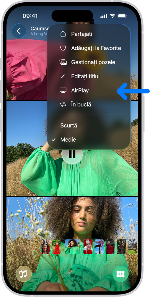 O diaporamă în aplicația Poze este redată pe iPhone În colțul din dreapta sus al ecranului se află un meniu pop-up, cu o opțiune pentru alegerea AirPlay.