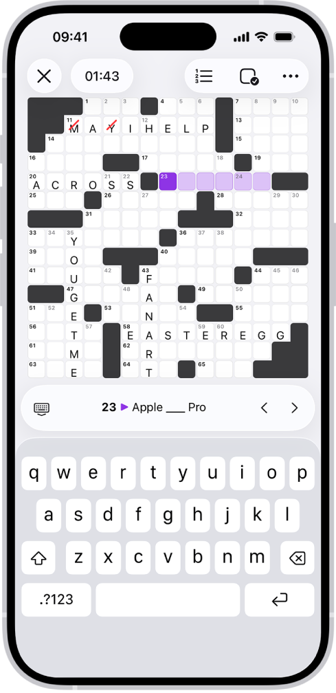 Un puzzle de cuvinte încrucișate completat parțial, cu comenzi deasupra și o tastatură deschisă în partea de jos.