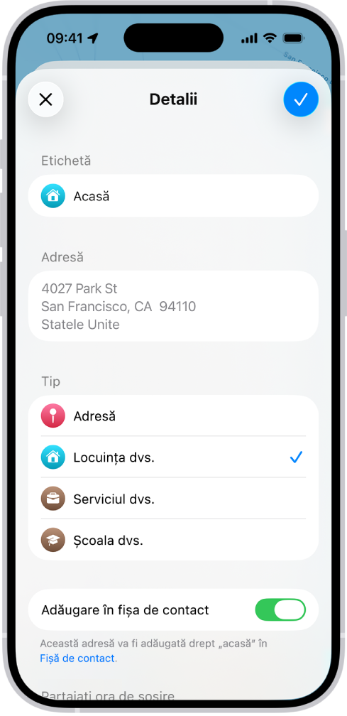 Aplicația Hărți afișând ecranul Detalii cu opțiuni pentru configurarea unei adrese drept domiciliu, serviciu sau școală.