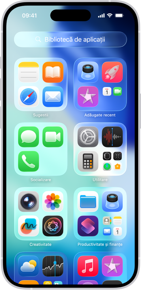 Biblioteca de aplicații de pe iPhone afișând aplicațiile organizate în funcție de categorie (Utilitare, Socializare, Divertisment etc.).