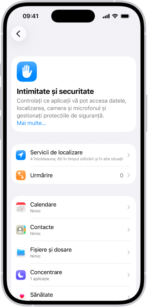 Ecranul Intimitate și securitate din Configurări.