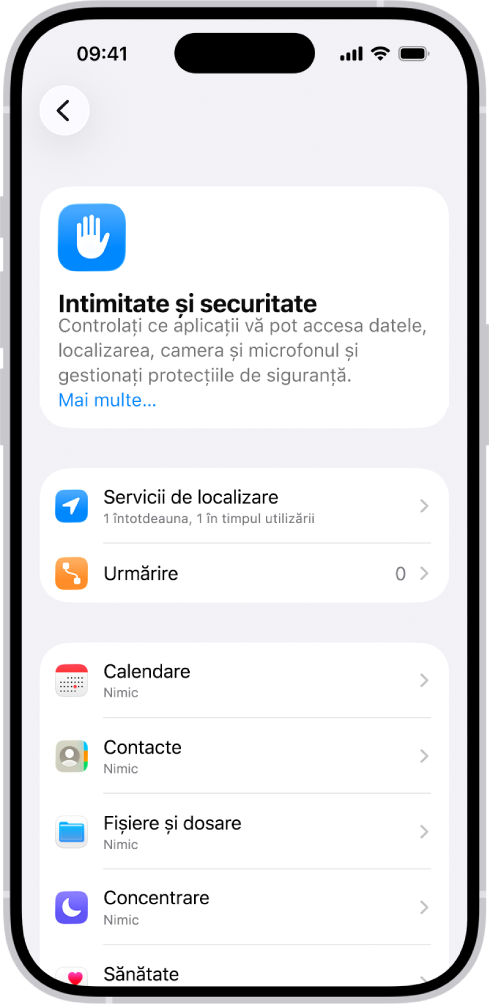 Ecranul Intimitate și securitate, cu configurări pentru Servicii de localizare și Urmărire, precum și pentru controlul aplicațiilor care vă pot accesa datele.