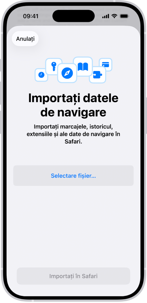Ecranul Importați datele de navigare, solicitându-vă să alegeți un fișier de importat.