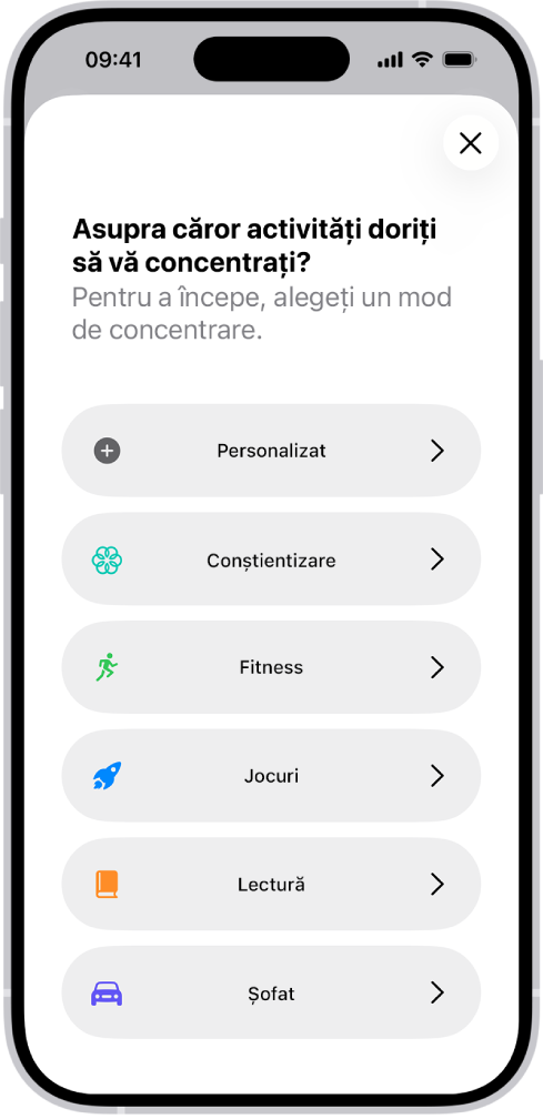 Ecranul de configurare a unui mod de concentrare pentru opțiunile suplimentare furnizate, inclusiv Personalizat, Șofat, Fitness, Jocuri, Conștientizare și Lectură.