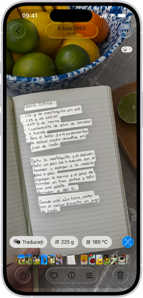 Este afișată o poză a unei rețete în limba spaniolă. Este evidențiat text în interiorul pozei. În apropierea părții de jos, de la stânga la dreapta, se află butoanele pentru traducere, conversia gramelor, conversia gradelor Celsius și butonul Detectare text.
