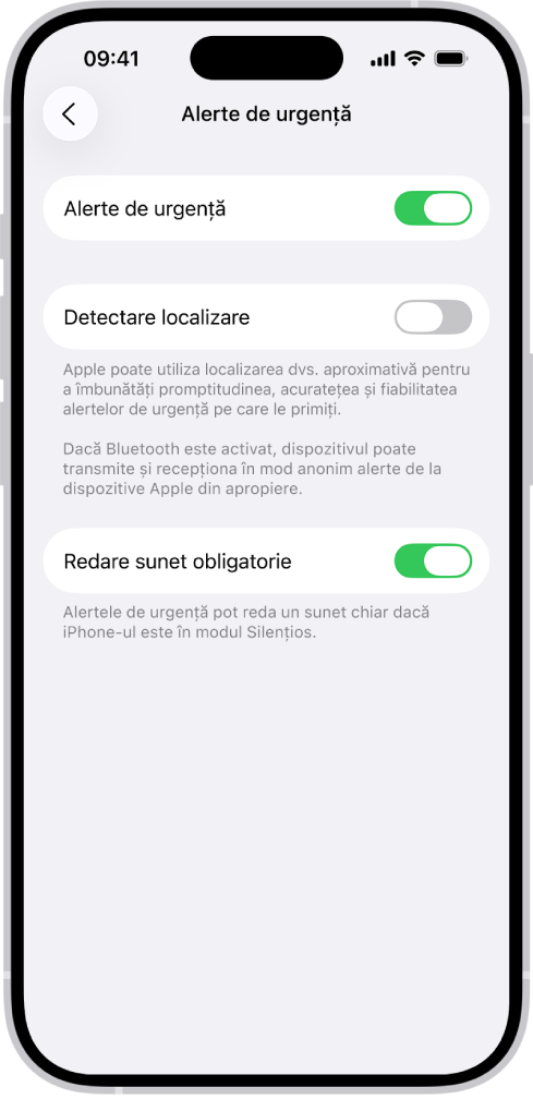 Ecranul Alerte de urgență, având activate opțiunile Alerte de urgență, Detectare localizare și Redare sunet obligatorie.