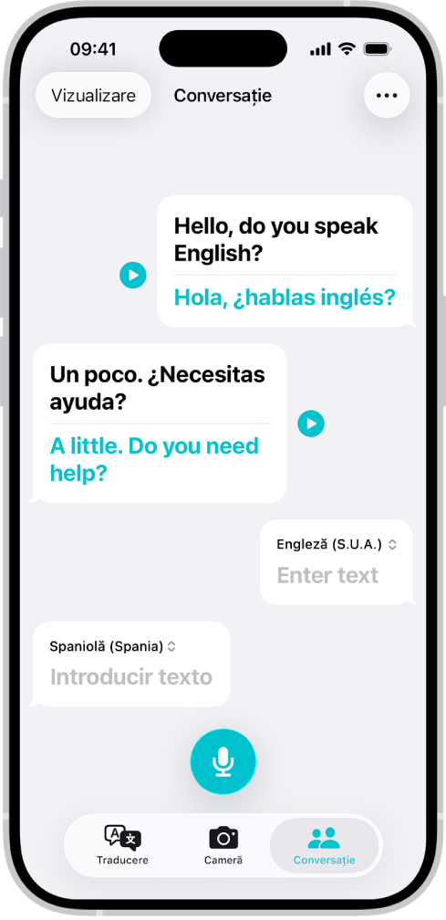 Fila Conversații, afișând baloane de chat și traducerile acestora.