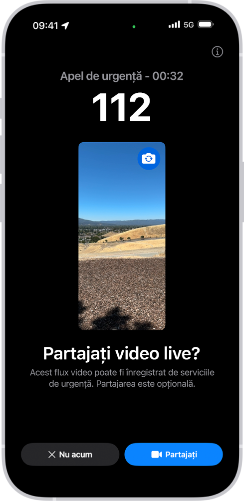 Ecran Video live S.O.S. urgențe afișând un apel telefonic de urgență la 911 cu o previzualizare video în partea de mijloc. În partea de jos se află butoanele Nu acum și Partajați video.