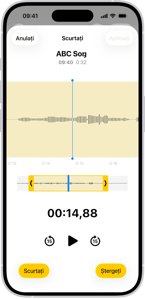 O înregistrare în curs de editare, cu mânerele galbene de scurtare încadrând o porțiune a formei de undă audio în partea de jos a ecranului. Butonul Redați și temporizatorul de înregistrare apar dedesubtul formei de undă. Mânerele de scurtare se află sub butonul Redați. De o parte și de alta a butonului Redare se află butonul Scurtați (pentru ștergerea părții de înregistrare aflată în afara mânerelor) și butonul Ștergeți (pentru ștergerea părții de înregistrare aflată în interiorul mânerelor).
