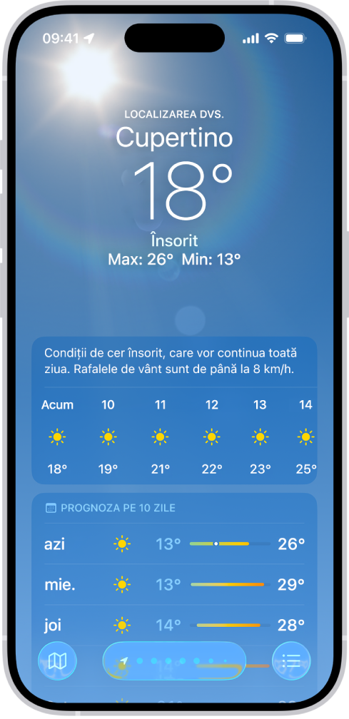 Ecranul aplicației Vremea afișând, de sus în jos: locul, temperatura actuală, temperatura maximă și temperatura minimă a zilei, prognoza orară și primele zile ale unei prognoze pe 10 zile. Un rând de puncte aflat în partea centrală jos reprezintă alte locuri din lista de locuri. În colțul din dreapta jos se află butonul Listă de locuri, iar în colțul din stânga jos este butonul Afișați harta.