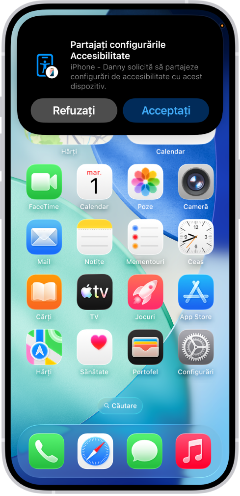 iPhone afișând o notificare potrivit căreia dispozitivul iPhone - Daniel solicită să partajeze configurări de accesibilitate.