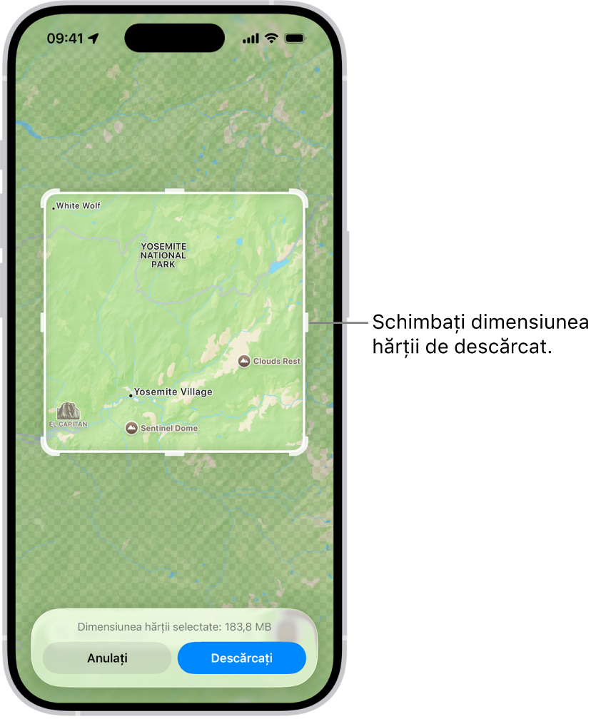 Harta unui parc național. Parcul este încadrat de un dreptunghi cu mânere, care pot fi mutate pentru a schimba dimensiunea hărții de descărcat. Dimensiunea de descărcare a hărții selectate este indicată în apropierea părții de jos a hărții. Butoanele Anulați și Descărcați se află în partea de jos a ecranului.