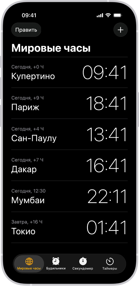 Вкладка «Мировые часы», на которой показано время в разных городах. Кнопка «Править» у левого верхнего угла позволяет изменить порядок отображения часов или удалить часы. Кнопка добавления у правого верхнего угла позволяет добавить дополнительные часы. Внизу экрана отображаются кнопки «Мировые часы», «Будильник», «Секундомер» и «Таймеры».