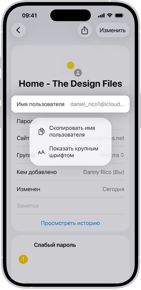 На экране учетной записи выделено имя пользователя. Показаны параметры «Скопировать имя пользователя» и «Показать крупным шрифтом».