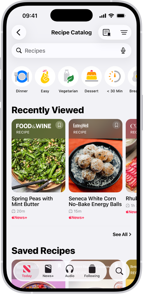 Раздел Recipe Catalog (Каталог рецептов) в Apple News+.