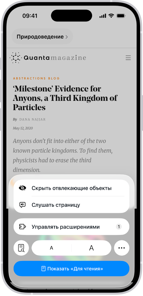 В Safari открыт сайт. В строке адреса показано, что для сайта доступен режим «Для чтения».