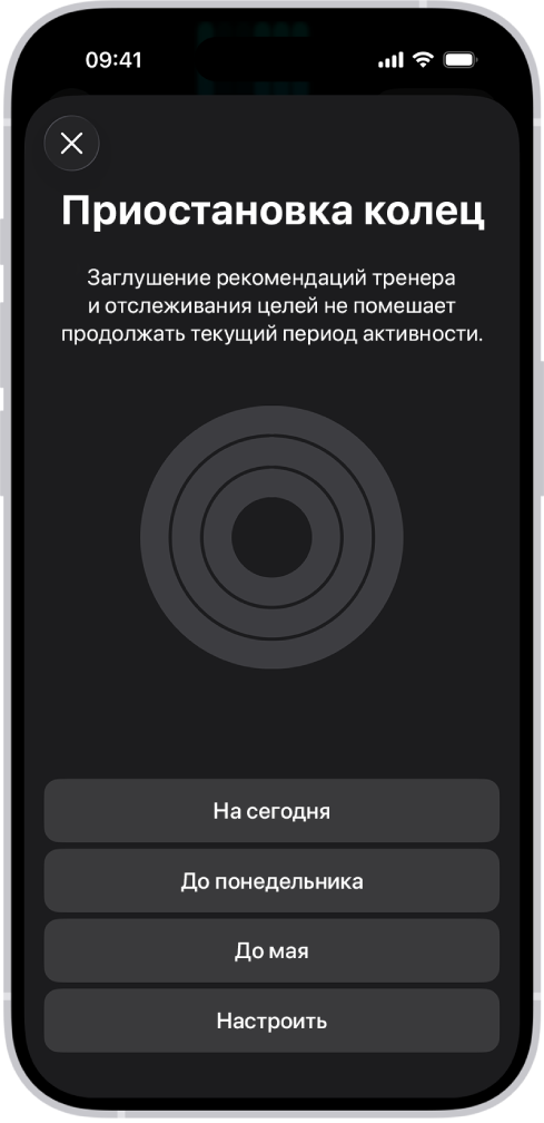 Экран «Приостановка колец» в приложении «Фитнес», показывающий параметры приостановки колец активности.
