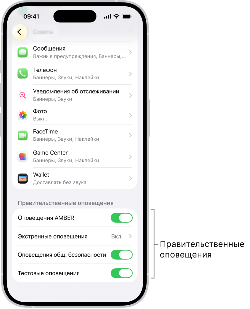 На экране уведомлений показан параметр «Правительственные оповещения», включив который можно получать оповещения от правительства.