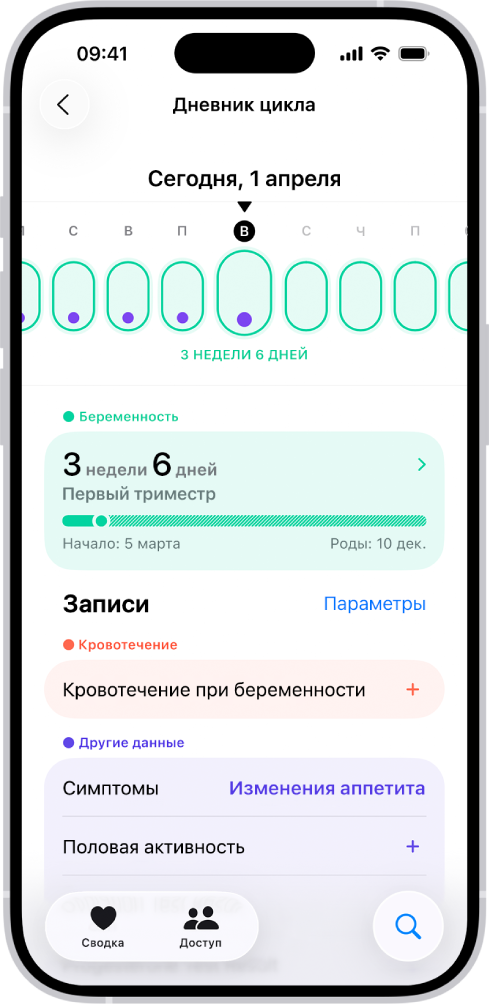 Экран «Дневник цикла» с временной шкалой беременности за неделю в верхней части экрана. Светло‑зелеными овалами и фиолетовыми точками отмечены первые 5 дней на временной шкале. Заштрихованными светло-зелеными овалами обозначены остальные дни на временной шкале. Под временной шкалой приведена сводка беременности со сроком беременности, датой начала и прогнозируемой датой родов. Под сводкой беременности расположены параметры для добавления информации о кровотечении при беременности, симптомах и др.