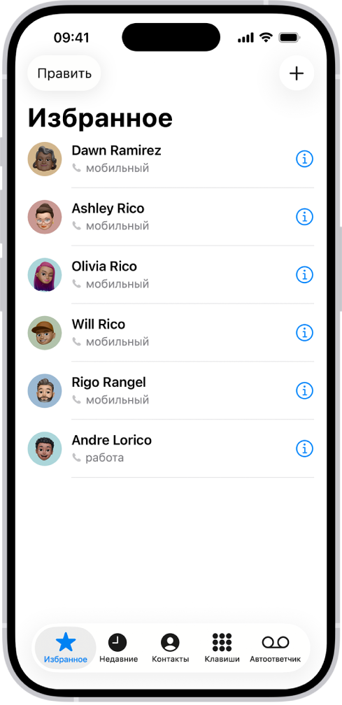 Экран «Избранные» в приложении «Контакты»; показано шесть избранных контактов.