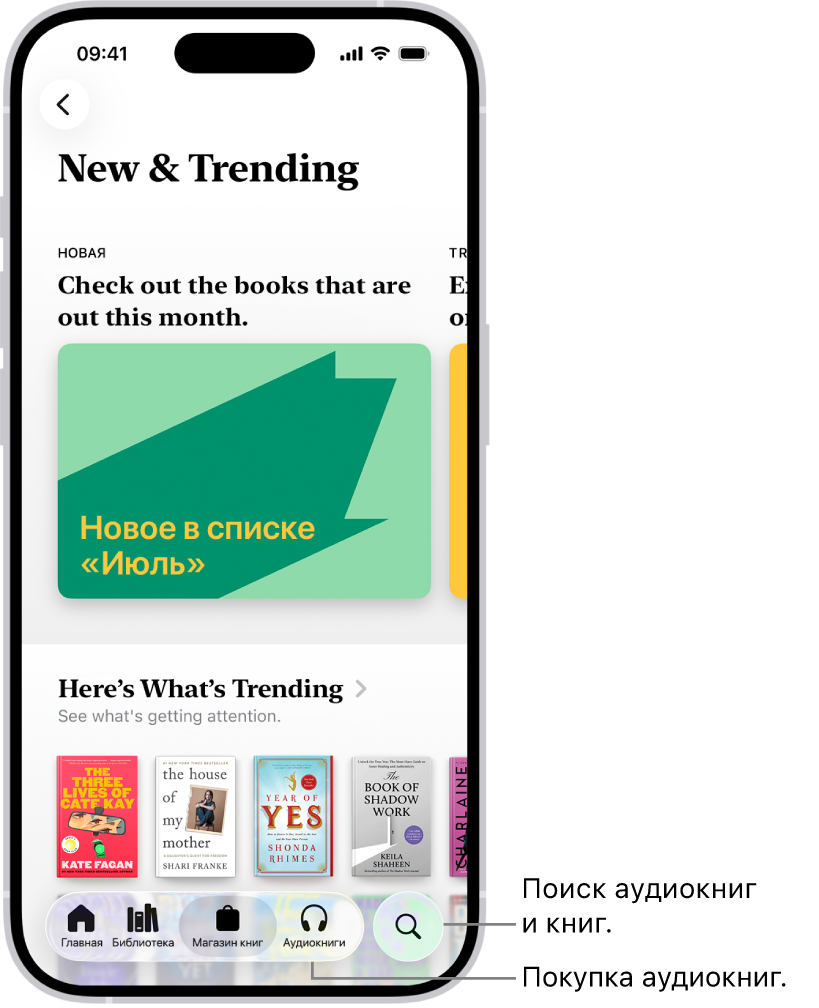 Экран «Магазин книг» в приложении «Книги». Внизу экрана слева направо расположены: Главная страница, вкладки «Библиотека», «Магазин книг», «Аудиокниги» и «Поиск». Выбрана вкладка «Магазин».