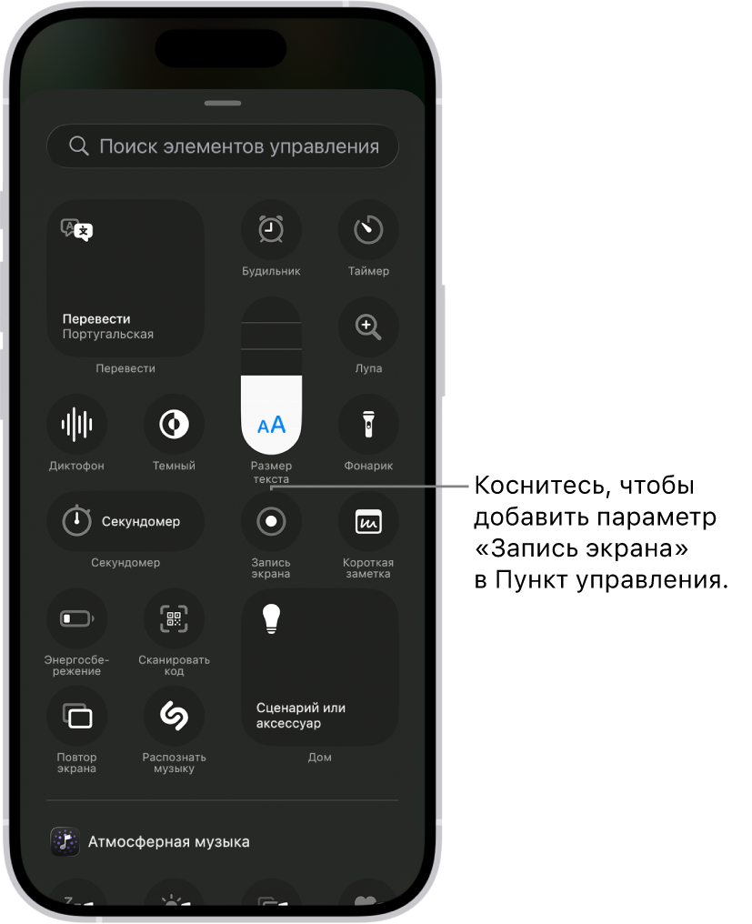 На экране показаны элементы управления, которые можно добавить в Пункт управления. По центру отображается элемент управления «Запись экрана».