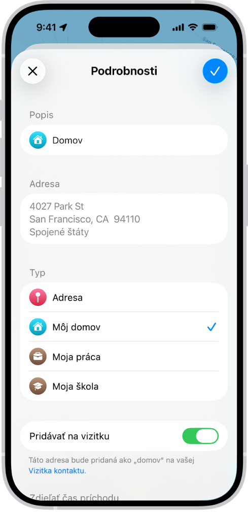 Obrazovka Detaily v apke Mapy s možnosťami nastavenia adresy ako domácej, pracovnej alebo školskej.