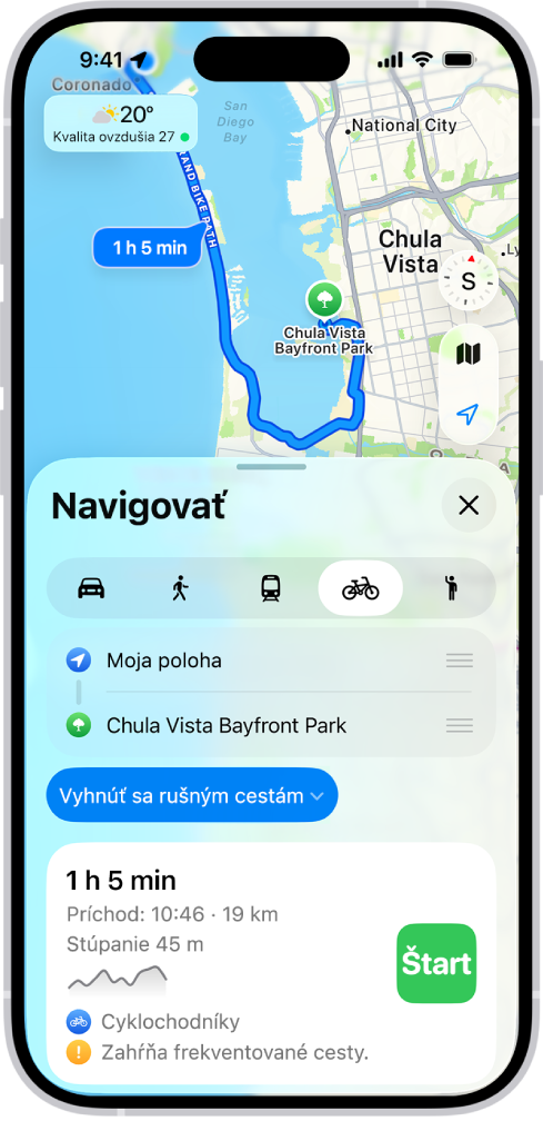 Na mape sa zobrazujú možnosti trasy pre jazdu na bicykli. Na karte trasy v dolnej časti sú uvedené podrobnosti vrátane odhadovaného času cesty, zmien prevýšenia a typov ciest. Napravo od podrobností je tlačidlo Štart.