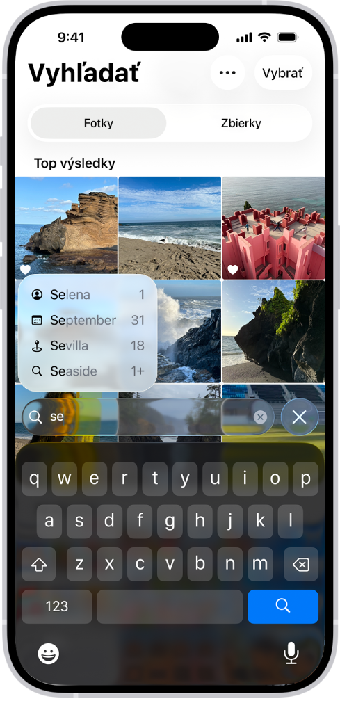 Obrazovka Vyhľadať v apke Fotky zobrazuje návrhy vyhľadávania na základe textu zadaného do vyhľadávacieho poľa.