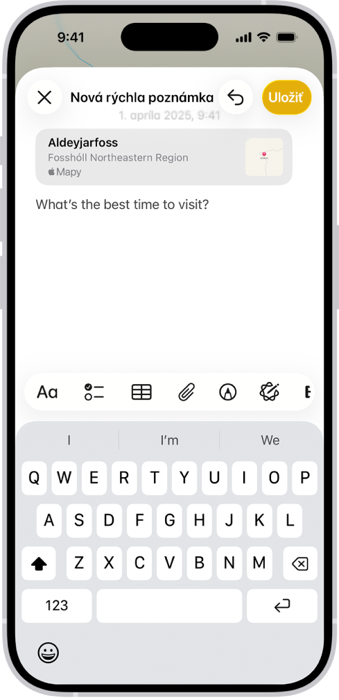 Rýchla poznámka v okne prekrývajúcom mapu Islandu. Poznámka obsahuje odkaz na mapu, fotku a text.