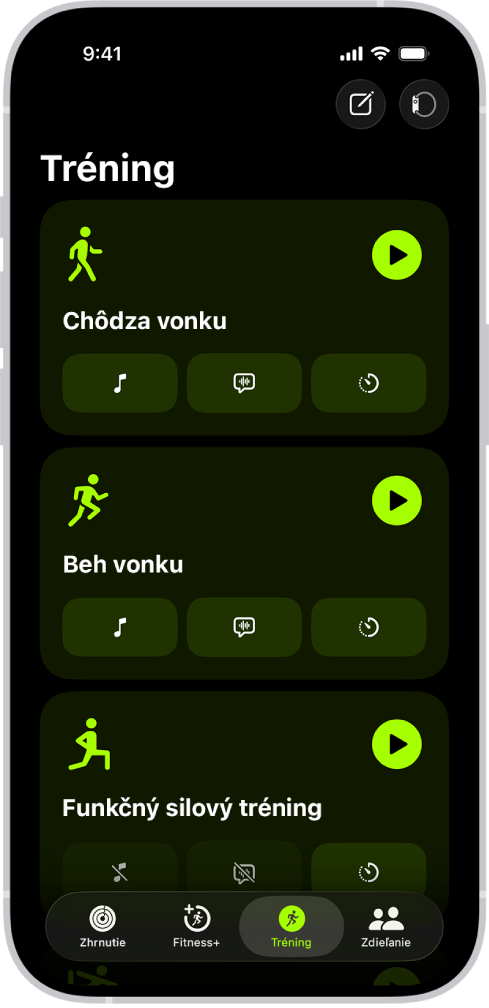 Obrazovka tréningu v apke Kondícia zobrazujúca tri tréningy.