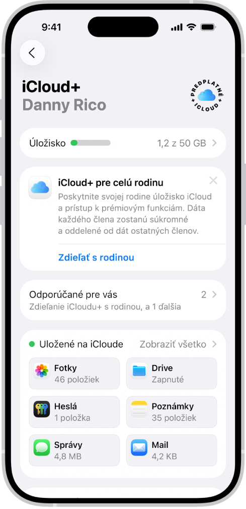 Obrazovka nastavení iCloudu s prehľadom využitia iCloud úložiska a zoznamom funkcií, ktoré je možné s iCloudom používať, napríklad Fotky, iCloud Drive a iCloud záloha.