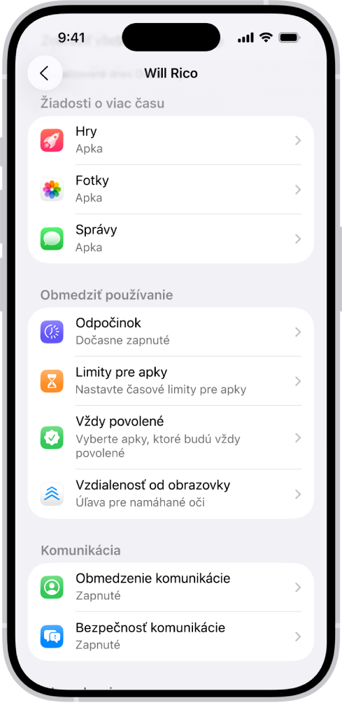 Obrazovka dieťaťa v skupine Rodinného zdieľania zobrazujúca časť so žiadosťami o viac času.