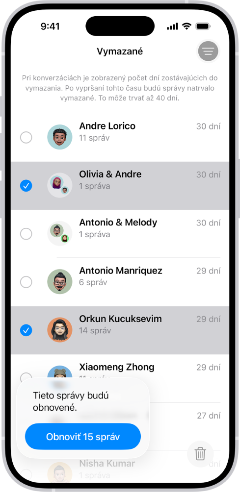 Obnovenie všetkých správ vymazaných v dvoch konverzáciách.