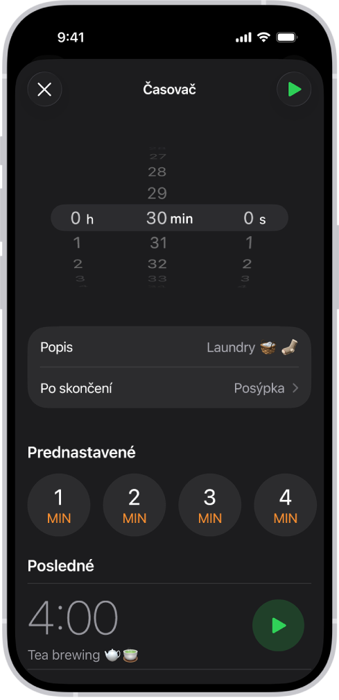 Obrazovka pridania časovača s nastaveniami na nastavenie časovača a tlačidlom na spustenie nedávno vytvoreného časovača.