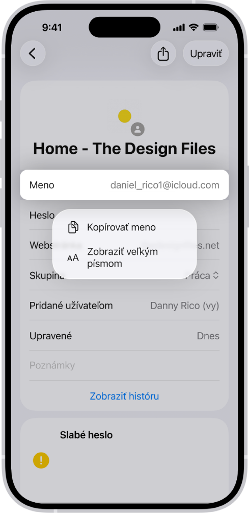 Obrazovka účtu so zvýrazneným užívateľským menom a možnosťami Kopírovať užívateľské meno a Zobraziť veľkým písmom.