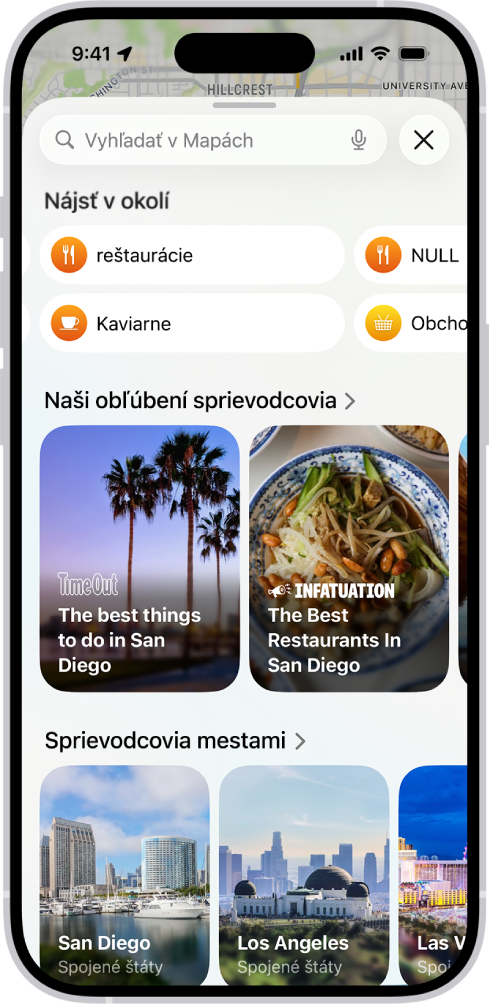 Apka Mapy zobrazujúca vyhľadávacie pole, kategórie služieb v okolí a sprievodcu mestom. V spodnej časti obrazovky je dotyková klávesnica iPhonu.