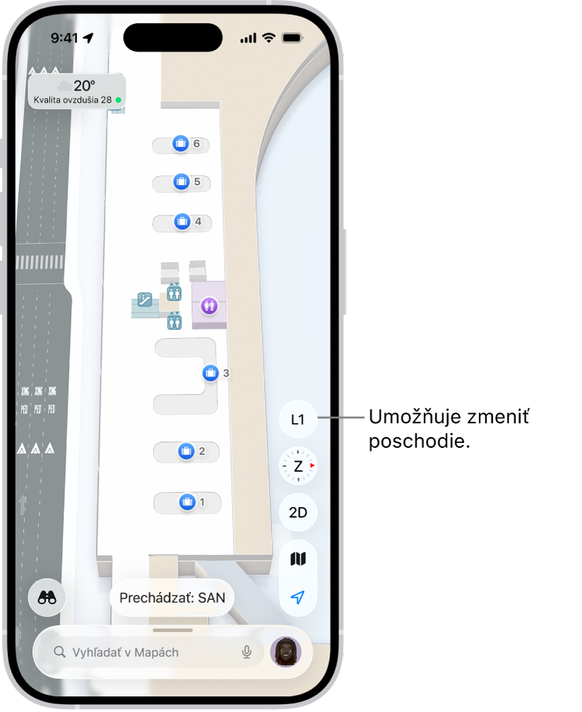 Mapa vnútorných priestorov letiskového terminálu. Prvky na mape obsahujú imigračnú kontrolu, schodisko, toalety a miesto prvej pomoci. Pomocou tlačidla označeného L1 (Level 1) môžete meniť poschodie vo viacposchodových mapách.