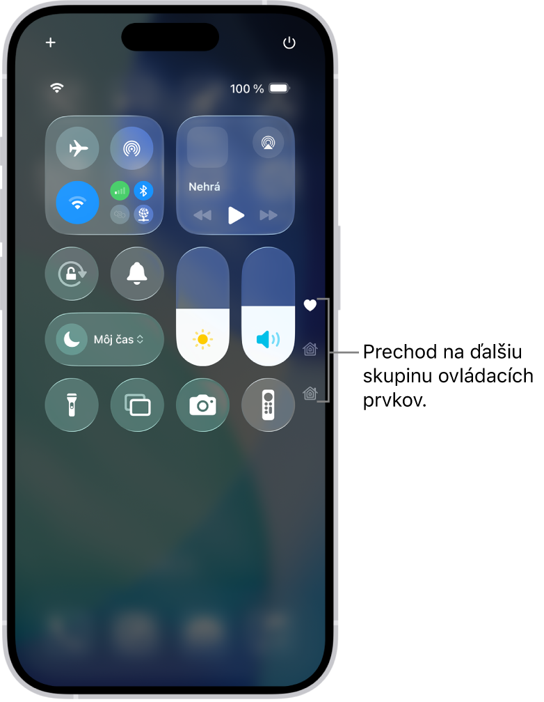 Ovládacie centrum otvorené na obrazovke iPhone s ikonami vpravo na zobrazenie ďalších skupín ovládacích prvkov.