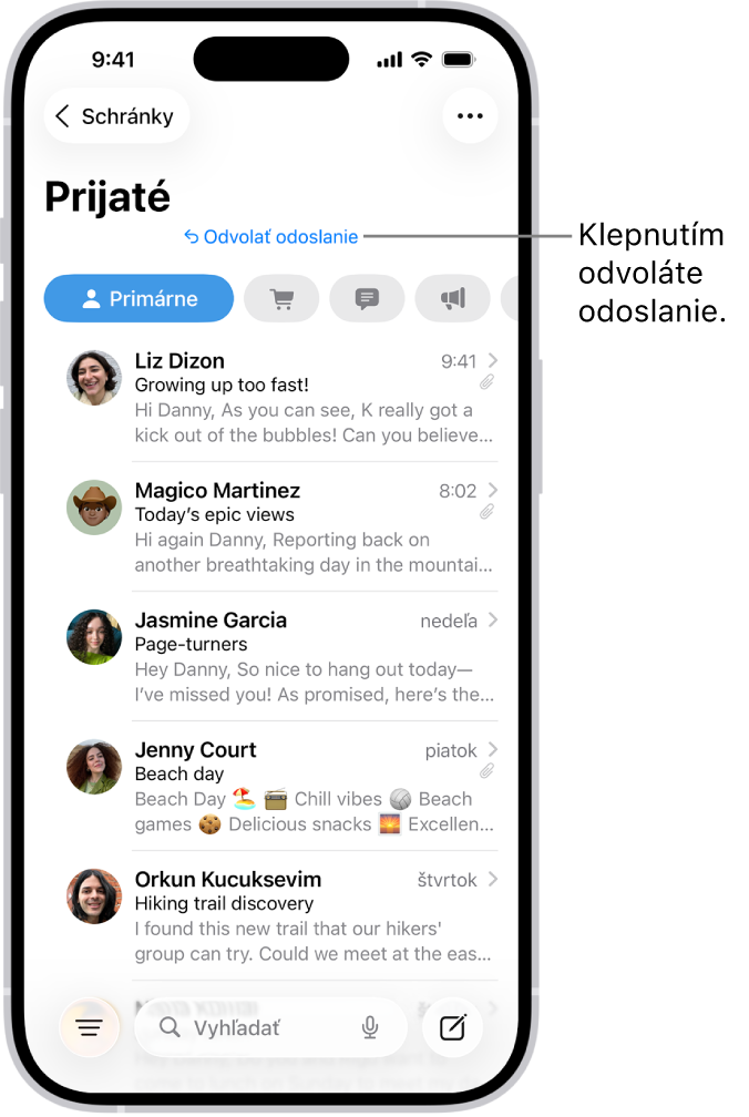 Schránka prijatých správ so zoznamom správ. V strede dolnej časti obrazovky sa nachádza tlačidlo Odvolať odoslanie, ktorým môžete odvolať nedávno odoslanú správu.